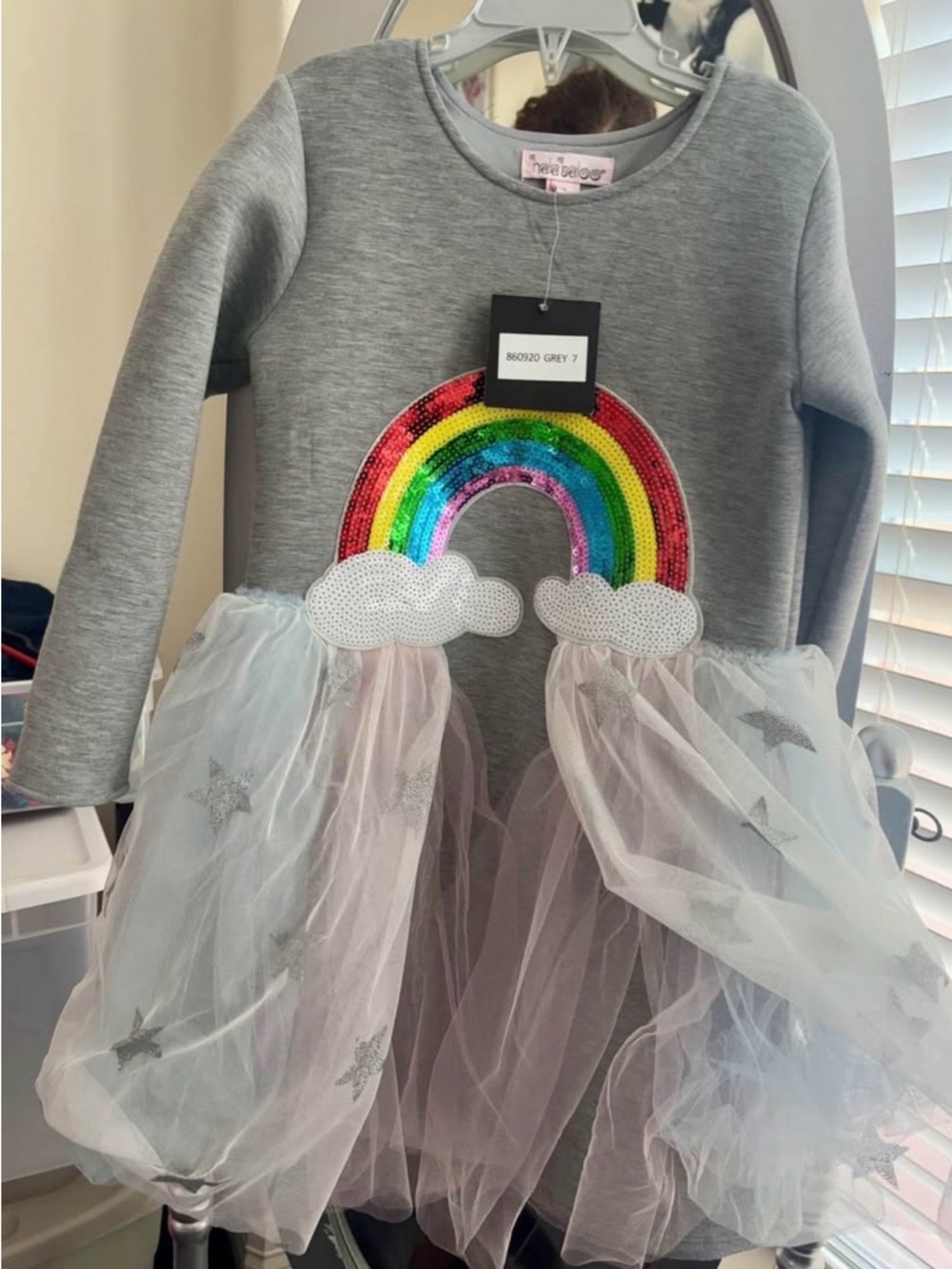Halabaloo Grey Dress with Rainbow Sequin Applique